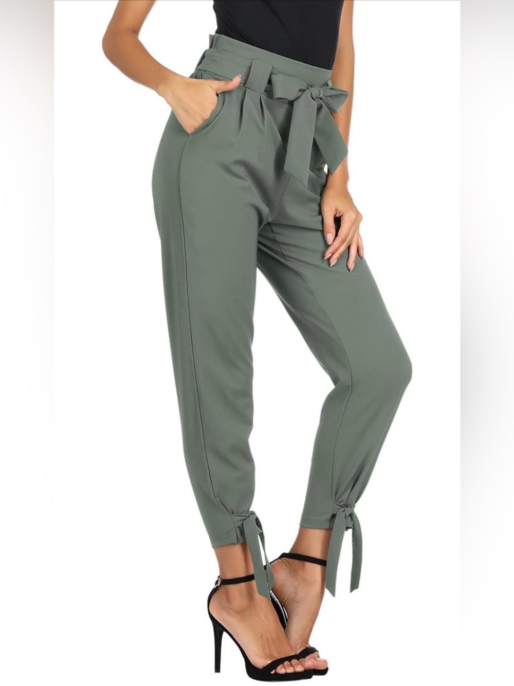 MARINA Olive Tie-Waist Paperbag Jogger Pants